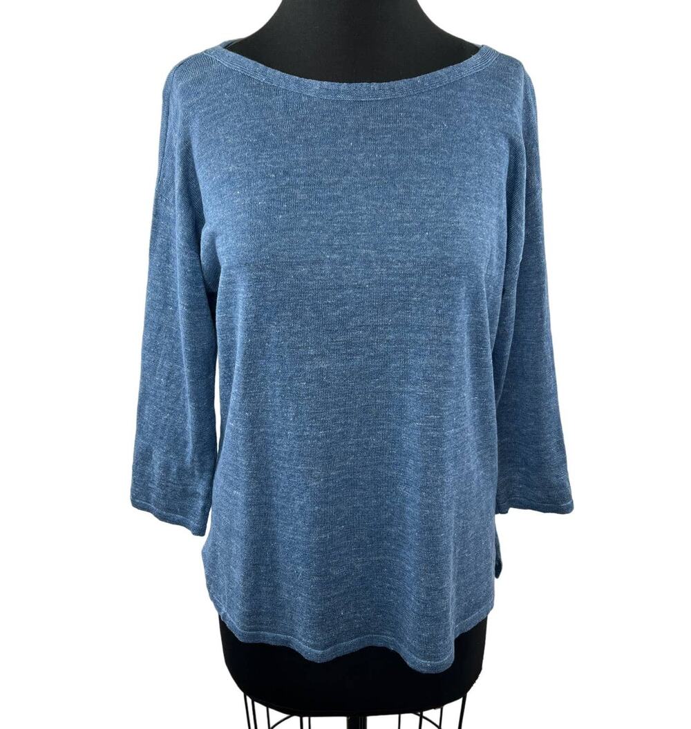 J. McLaughlin Blue Linen Knit Boat Neck 3/4 Sleeve Top Drop Shoulder Woven S